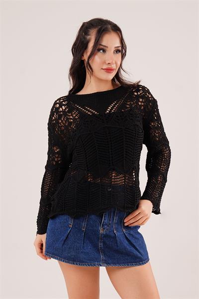 Ajurlu Salaş Siyah İnce Triko Bluz