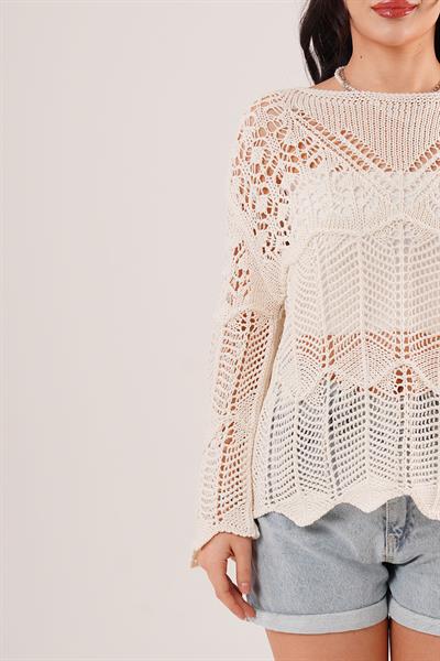 Ajurlu Salaş Bej İnce Triko Bluz