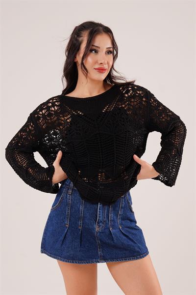 Ajurlu Salaş Siyah İnce Triko Bluz
