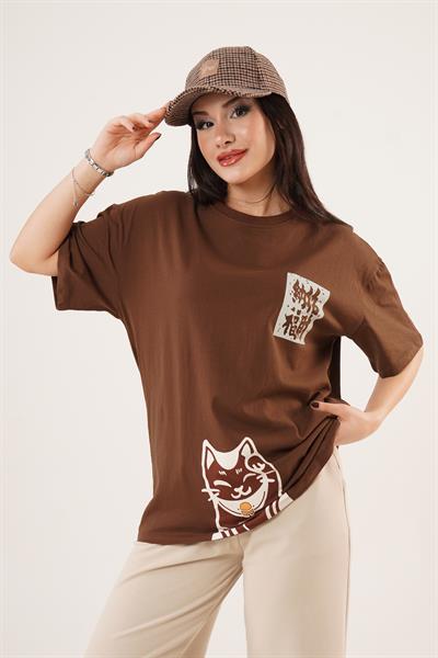 Arka ve Ön Kedi Baskılı Taba Tişört
