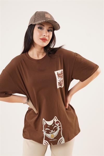 Arka ve Ön Kedi Baskılı Taba Tişört