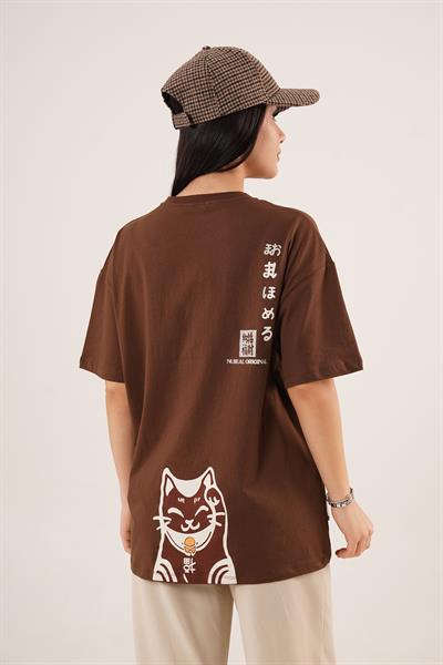 Arka ve Ön Kedi Baskılı Taba Tişört