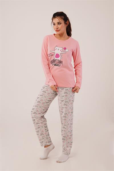 Kedicik Baskılı Pembe Pijama Takımı