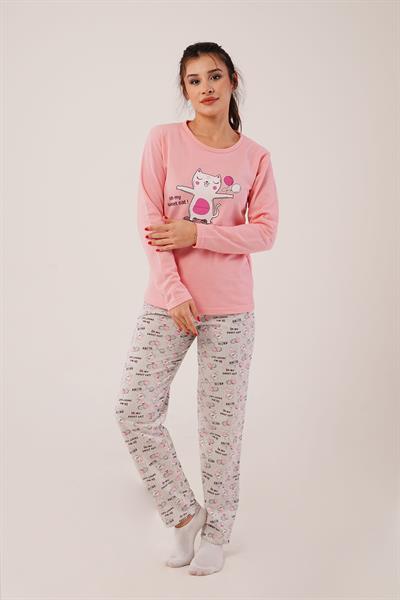 Kedicik Baskılı Pembe Pijama Takımı