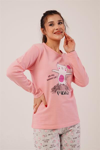 Kedicik Baskılı Pembe Pijama Takımı