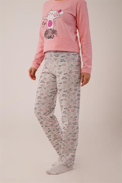 Kedicik Baskılı Pembe Pijama Takımı