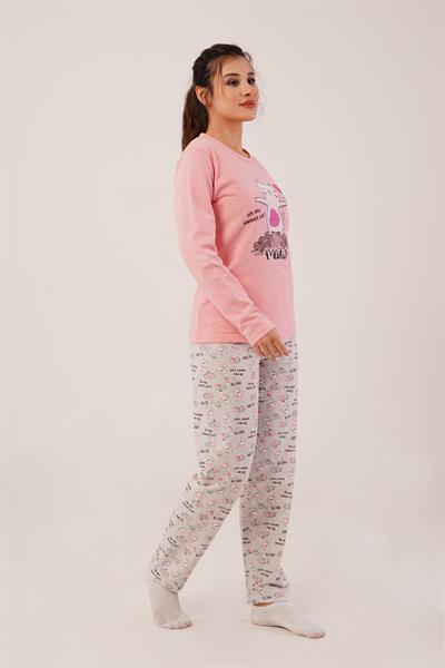 Kedicik Baskılı Pembe Pijama Takımı