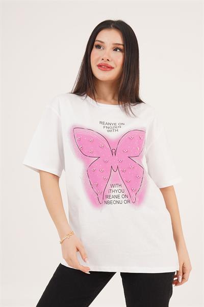 Kelebek Desenli Taşlı ve Yazı Detaylı Beyaz Tişört