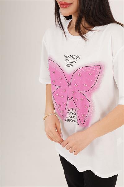 Kelebek Desenli Taşlı ve Yazı Detaylı Beyaz Tişört