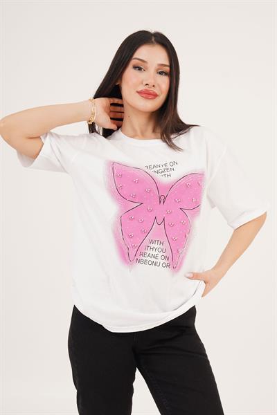 Kelebek Desenli Taşlı ve Yazı Detaylı Beyaz Tişört