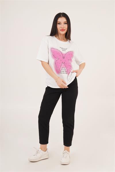 Kelebek Desenli Taşlı ve Yazı Detaylı Beyaz Tişört