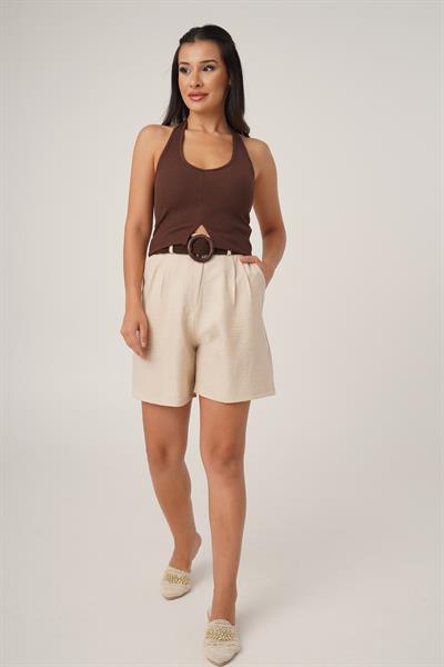 Kemerli Cepli Bej Şort