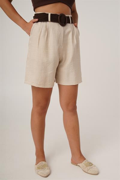 Kemerli Cepli Bej Şort