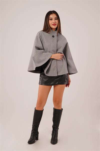Kemerli Kısa Gri Kaşe Panço
