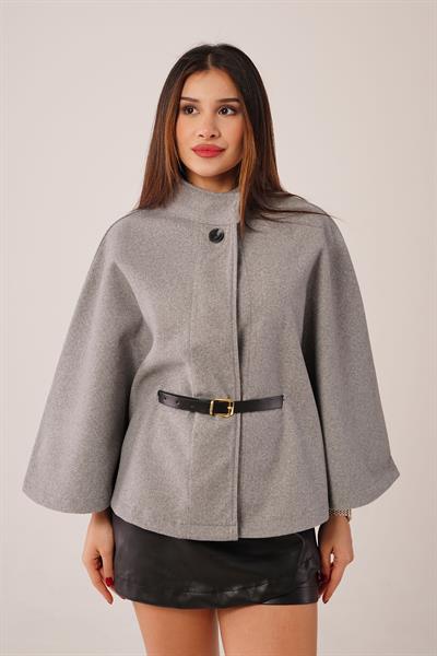 Kemerli Kısa Gri Kaşe Panço
