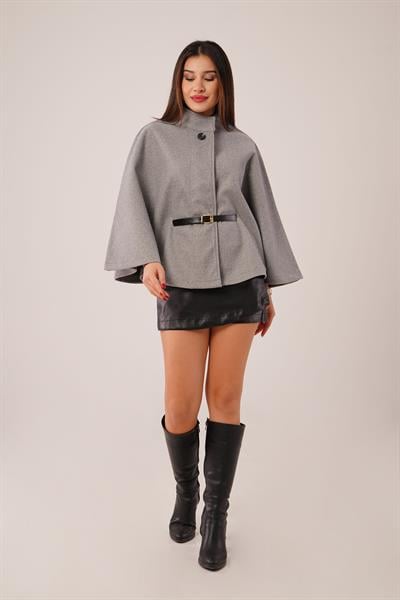 Kemerli Kısa Gri Kaşe Panço