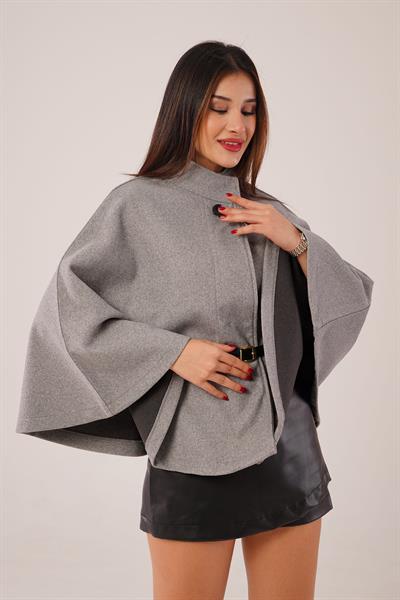 Kemerli Kısa Gri Kaşe Panço
