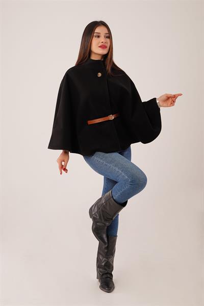 Kemerli Kısa Siyah Kaşe Panço