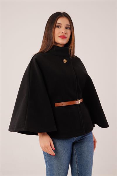 Kemerli Kısa Siyah Kaşe Panço
