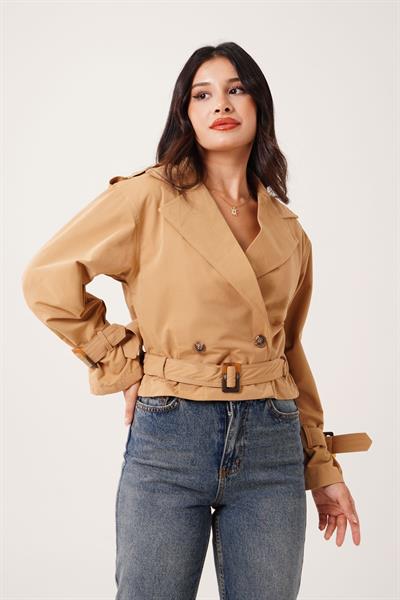 Kemerli Kruvaze Kısa Camel Trençkot