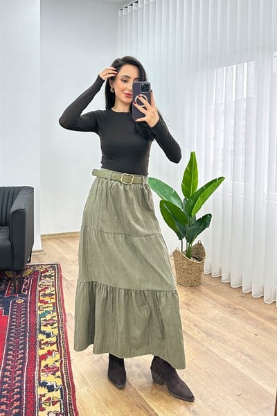 Kemerli Kupra Piliseli Şık Haki Etek