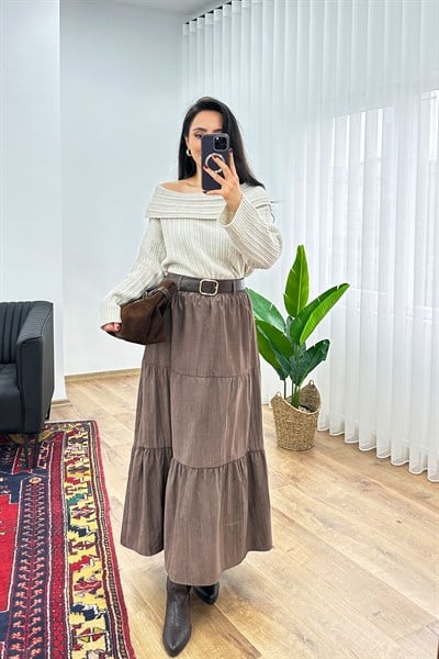 Kemerli Kupra Piliseli Şık Kahve Etek