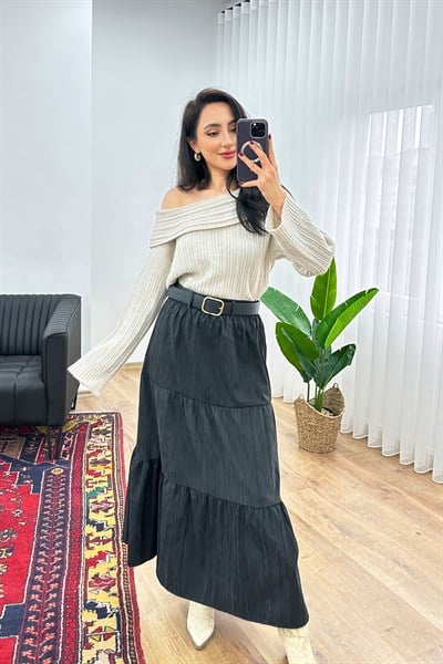 Kemerli Kupra Piliseli Şık Siyah Etek