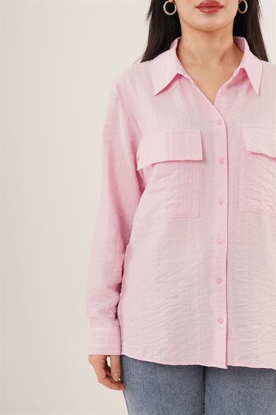 Kendinden Çizgili Cepli ve Düğmeli Pembe Gömlek