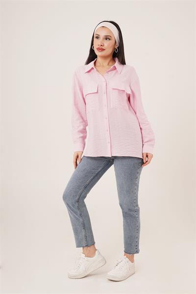 Kendinden Çizgili Cepli ve Düğmeli Pembe Gömlek