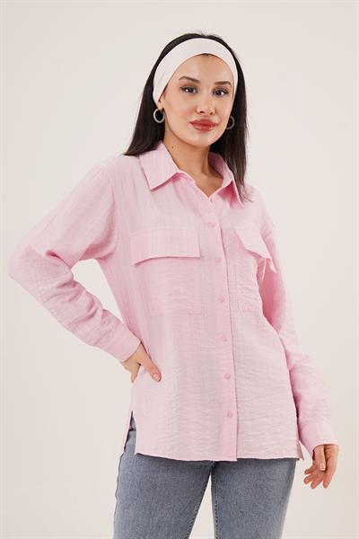Kendinden Çizgili Cepli ve Düğmeli Pembe Gömlek