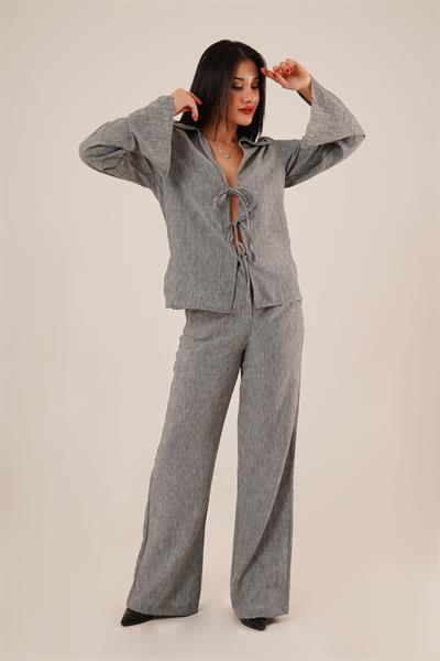 Ön Bağlama Detaylı Pantolon ve Gömlek Füme İkili Takım	