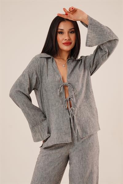 Ön Bağlama Detaylı Pantolon ve Gömlek Füme İkili Takım	