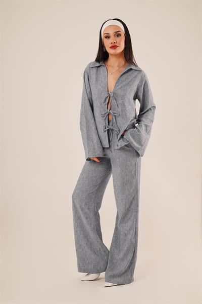 Ön Bağlama Detaylı Pantolon ve Gömlek İndigo İkili Takım