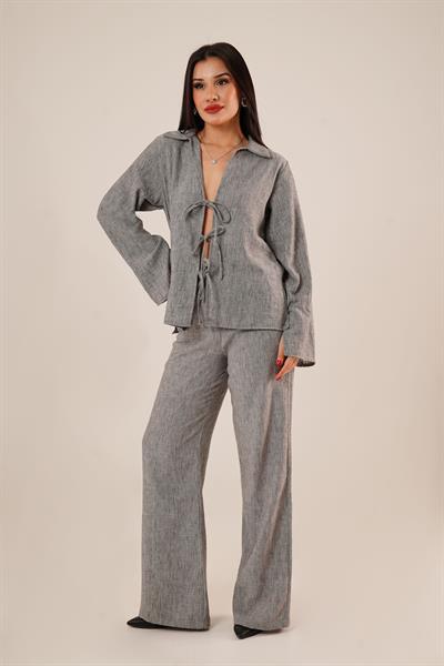 Ön Bağlama Detaylı Pantolon ve Gömlek Füme İkili Takım	