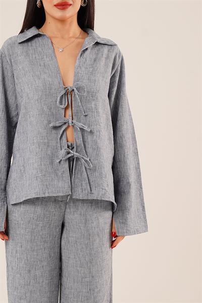 Ön Bağlama Detaylı Pantolon ve Gömlek İndigo İkili Takım