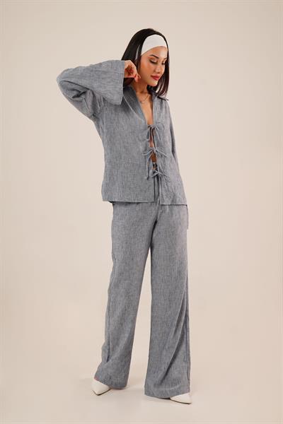 Ön Bağlama Detaylı Pantolon ve Gömlek İndigo İkili Takım