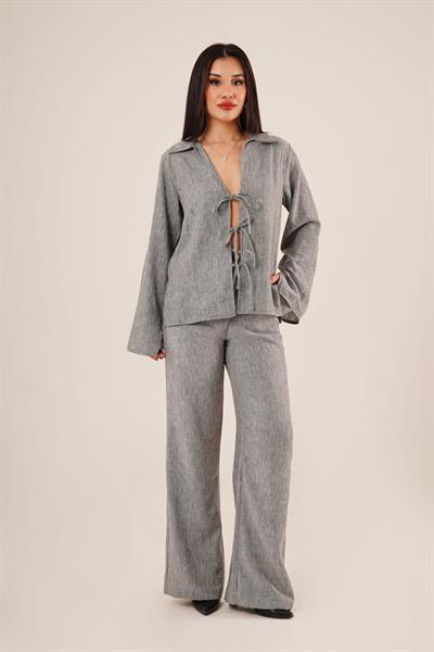 Ön Bağlama Detaylı Pantolon ve Gömlek Füme İkili Takım	
