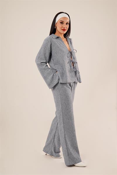 Ön Bağlama Detaylı Pantolon ve Gömlek İndigo İkili Takım