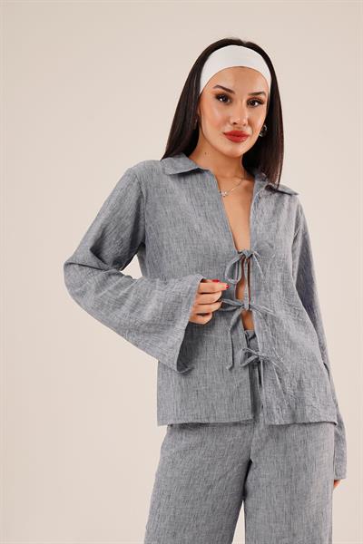 Ön Bağlama Detaylı Pantolon ve Gömlek İndigo İkili Takım