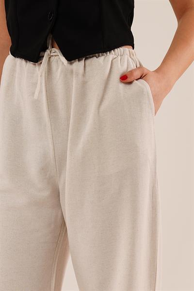 Cepli Bel Bağlama Detaylı Keten Ekru Pantolon