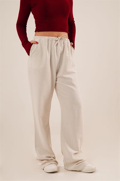 Cepli Bel Bağlama Detaylı Keten Ekru Pantolon