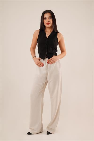 Cepli Bel Bağlama Detaylı Keten Ekru Pantolon