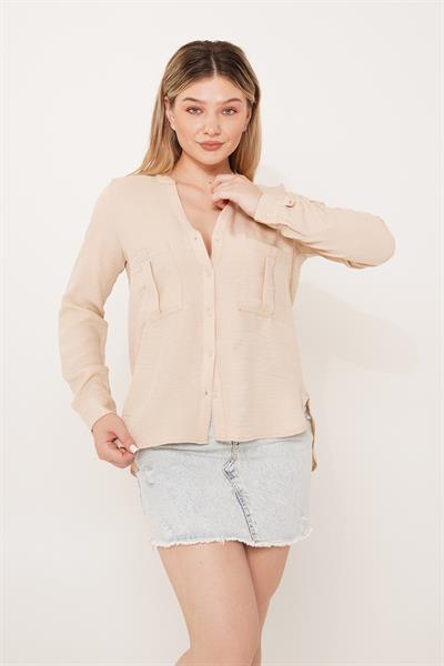 Çift Cepli V Yaka Bej Gömlek