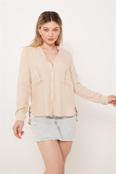 Çift Cepli V Yaka Bej Gömlek