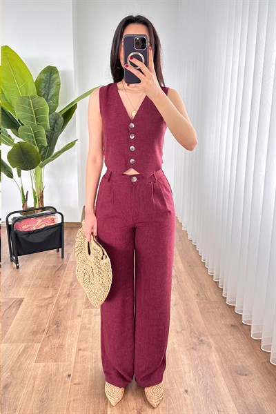 Keten Yelek Pantolon Bordo İkili Takım