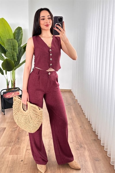 Keten Yelek Pantolon Bordo İkili Takım