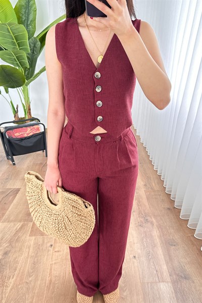 Keten Yelek Pantolon Bordo İkili Takım