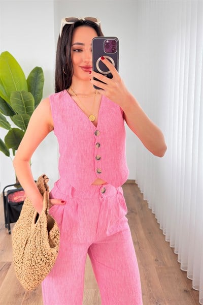 Keten Yelek Pantolon Koyu Pembe İkili Takım