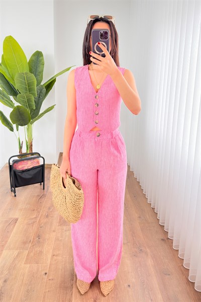 Keten Yelek Pantolon Koyu Pembe İkili Takım