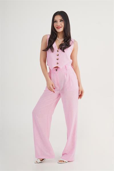 Keten Yelek Pantolon Pembe İkili Takım